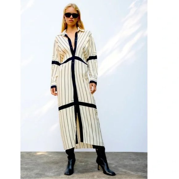 Zara White Black Stripe Long Sleeve Midi Dress Size XS - Picture 4 of 8